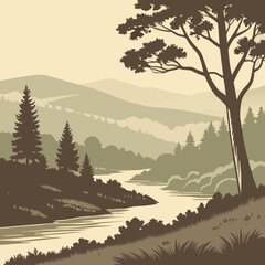 Monochromatic Landscape Illustration with River Trees and Mountains in Sepia Tones