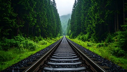 Obraz premium Train tracks through a lush forest