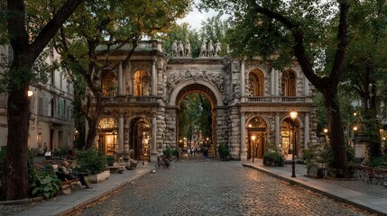 An archway gateway, lined with trees and buildings, in a city street at dusk
