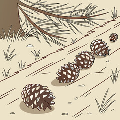 Pine cones on the forest floor with pine needles and grass illustration