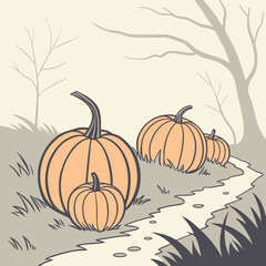 Whimsical Halloween Pumpkins on a Path in a Spooky Forest Illustration