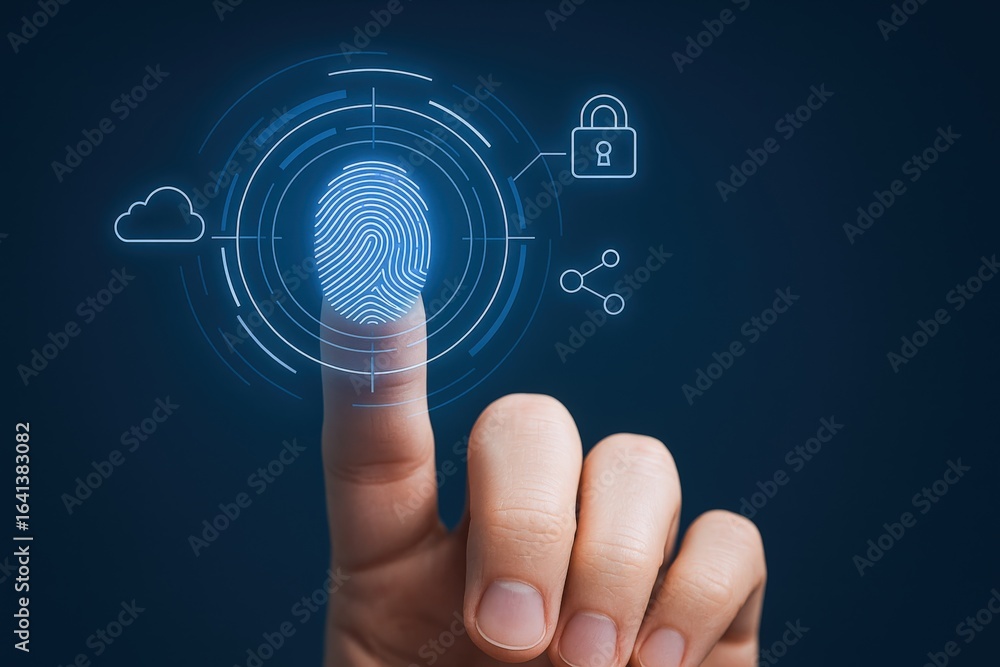 Poster fingerprint scan for security access: biometric authentication and cloud protection technology inter