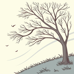 Bare Tree on Hill with Birds in Flight Vector Illustration