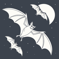 Cartoon bats flying in the night sky with moon and stars