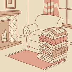 Cozy Living Room Illustration with Fireplace Armchair and Stack of Blankets