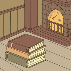 Cozy Reading Nook with Fireplace and Stack of Books Illustration