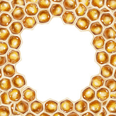 Watercolor illustration of a golden honeycomb frame with hexagonal cells. Ideal for organic product labels, honey packaging, skincare, eco goods, and culinary design.