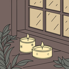 Cozy Evening Scene with Candles Window and Plant Illustration