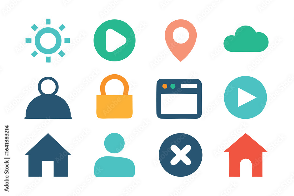 Poster photo of collection of colorful flat design icons featuring common user interface elements isolated 