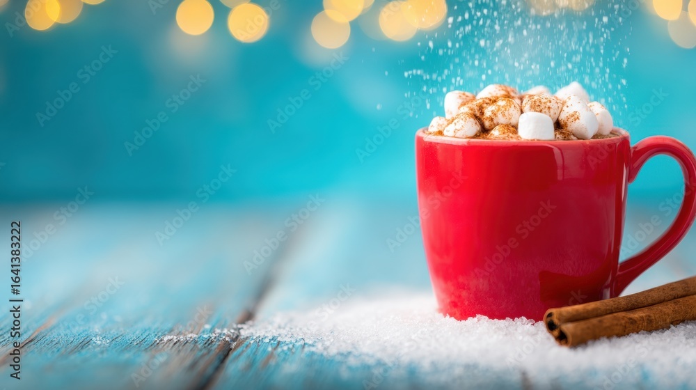 Poster warm red mug filled with cocoa topped with marshmallows and cinnamon
