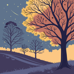 Stylized Autumn Night Landscape with Trees Stars and a Shooting Star