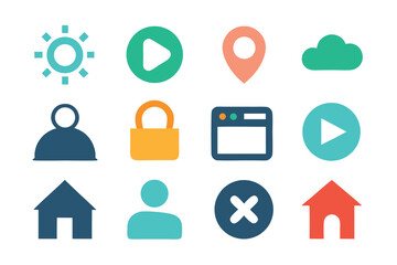 Photo of collection of colorful flat design icons featuring common user interface elements isolated on white background for web and mobile design