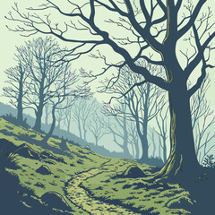 Illustration of a forest path with bare trees and misty background