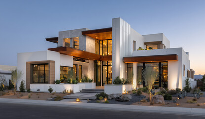 Modern Luxury Residence Exterior With Warm Interior Lighting At Dusk modern house luxury home