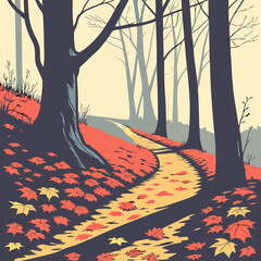 Autumn Forest Path with Fallen Leaves and Bare Trees Illustration