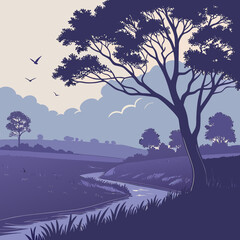 Serene Landscape with River Tree Birds and Clouds in a Minimalist Style