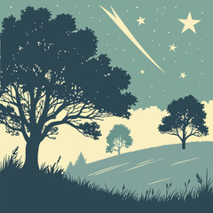 Tranquil Night Landscape with Trees Stars and a Shooting Star Illustration