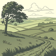 Rolling Hills Landscape with Tree and Path in Green Tones Illustration