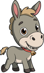 Cute cartoon donkey with big brown eyes, red collar and bell, smiling gray farm animal with tufted tail, playful character, isolated illustration