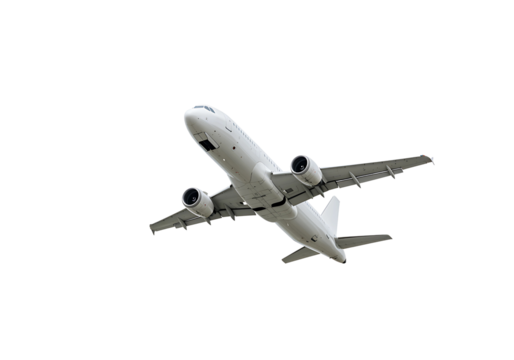 Commercial airplane flying upwards isolated on transparent background