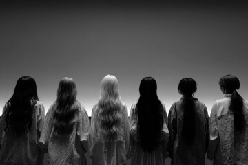Seven figures, backs to camera, light-gray backdrop