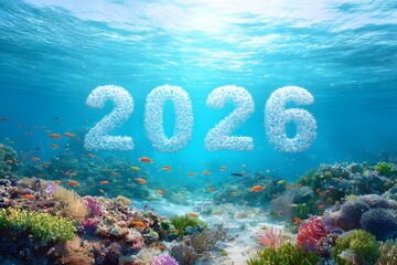 2026 underwater concept with bubble numbers above a vibrant coral reef, tropical fish, and clear blue ocean, marine life, future, and environment theme.