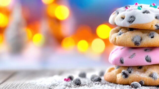 Colorful cookies stacked on a rustic wooden surface with festive lights - Powered by Adobe