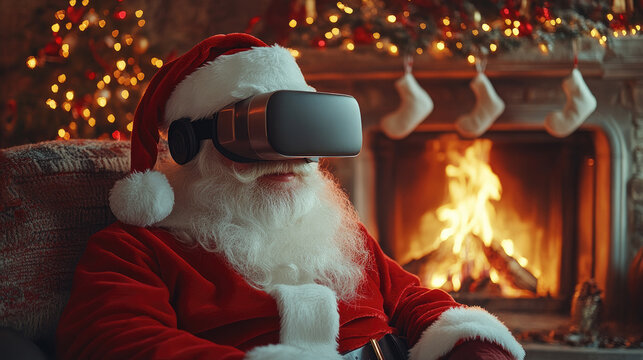 Santa Claus wearing a virtual reality headset sits comfortably by a fireplace. Christmas decorations and stockings are visible in the background.