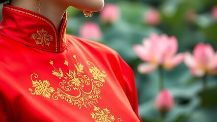 Intricate ao dai collar embroidered with golden stars, red silk flowing gracefully, blooming lotus flowers in background.