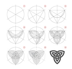 Page shows how to learn to draw step by step a sketch of ancient Celtic symbol triquetra. Triangular geometric figure of three interlaced arcs. Educational tutorial for artists. Hand drawn vector.