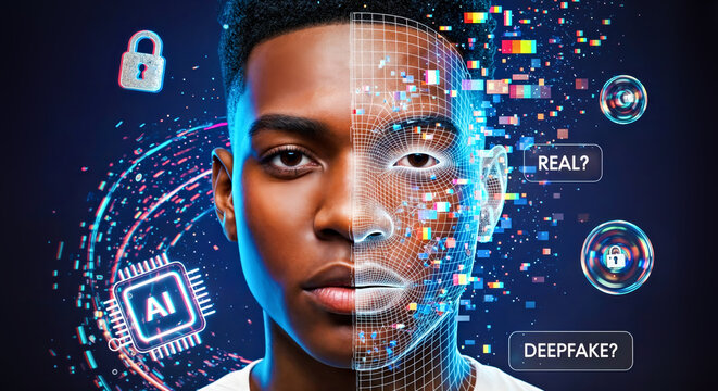 One Side of Young Black Man&rsquo;s Face is Real, Other is Digital Wireframe Mask, Collage with "Deepfake" Text Overlays 