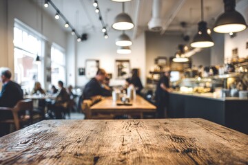 Blurred cafe interior, wooden table