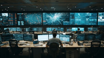 Technical control room with many screens