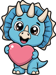 Cute cartoon triceratops holding pink heart, blue dinosaur character, happy expression, adorable prehistoric animal illustration, kids love concept art