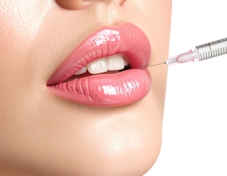 3D Rendered Glossy Female Lips with Botox Injection Needle, Angled Close-Up, Transparent Background PNG