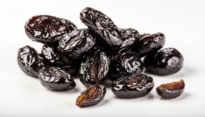 Obraz premium a bunch of dried plums, known as prunes. They are dark, wrinkled and slightly glossy, creating an appetizing impression on a white background.