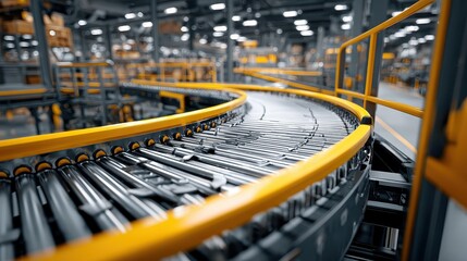 Naklejka premium Curved conveyor belt system in a modern industrial factory setting. Ideal for demonstrating automation, manufacturing processes, and logistics.