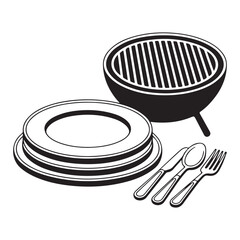 Plate, cutlery, and cooking pot vector icons