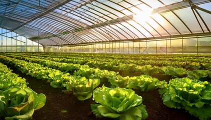 vibrant green lettuce flourishes in rows beneath the glass roof of a greenhouse where it is nourished by sunlight epitomizing healthy growth and sustainable farming practices