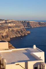 Panoramic view of the Santorini caldera cliffs from the Imerovigli village on Santorini island, Greece