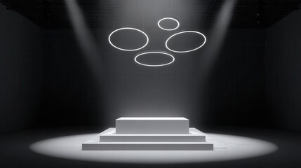 Minimalist rectangular podium with hovering neon rings above and below, all in monochrome white light on a black stage.