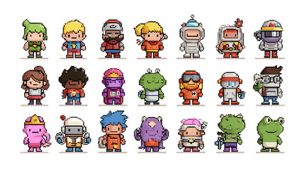 Colorful pixel art characters in various fun costumes and outfits
