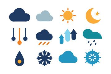 Obraz premium Photo of weather icons set featuring clouds, sun, moon, thermometer, rain, and snowflake isolated on white background, perfect for climate and forecasting