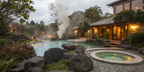A scenic view of a hot spring resort with steam rising and lush greenery surrounding the pools area