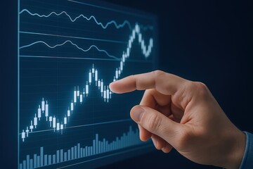 Stock Market Analysis: Hand Pointing at Bullish Candlestick Chart on Screen for Financial Investment