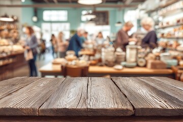 Rustic wooden table in a bustling cafe