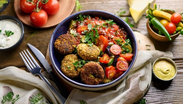 a vibrant banner showcasing a delicious vegan meal featuring fresh tomato salad smoky grilled eggplant and crispy chickpea falafel drizzled with creamy sesame tahini dressing n wholesome plant bas