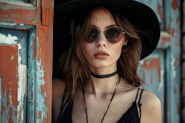 Fototapeta premium Fashion model wearing sunglasses and black hat posing by an old grunge door