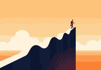 A lone hiker bravely ascends a treacherous mountain path towards a bright, cloud-filled horizon symbolizing ambition and achievement