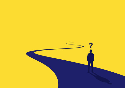 A solitary figure contemplates an uncertain path forward under a bright yellow sky casting a long shadow on a dark blue road marked with a question mark